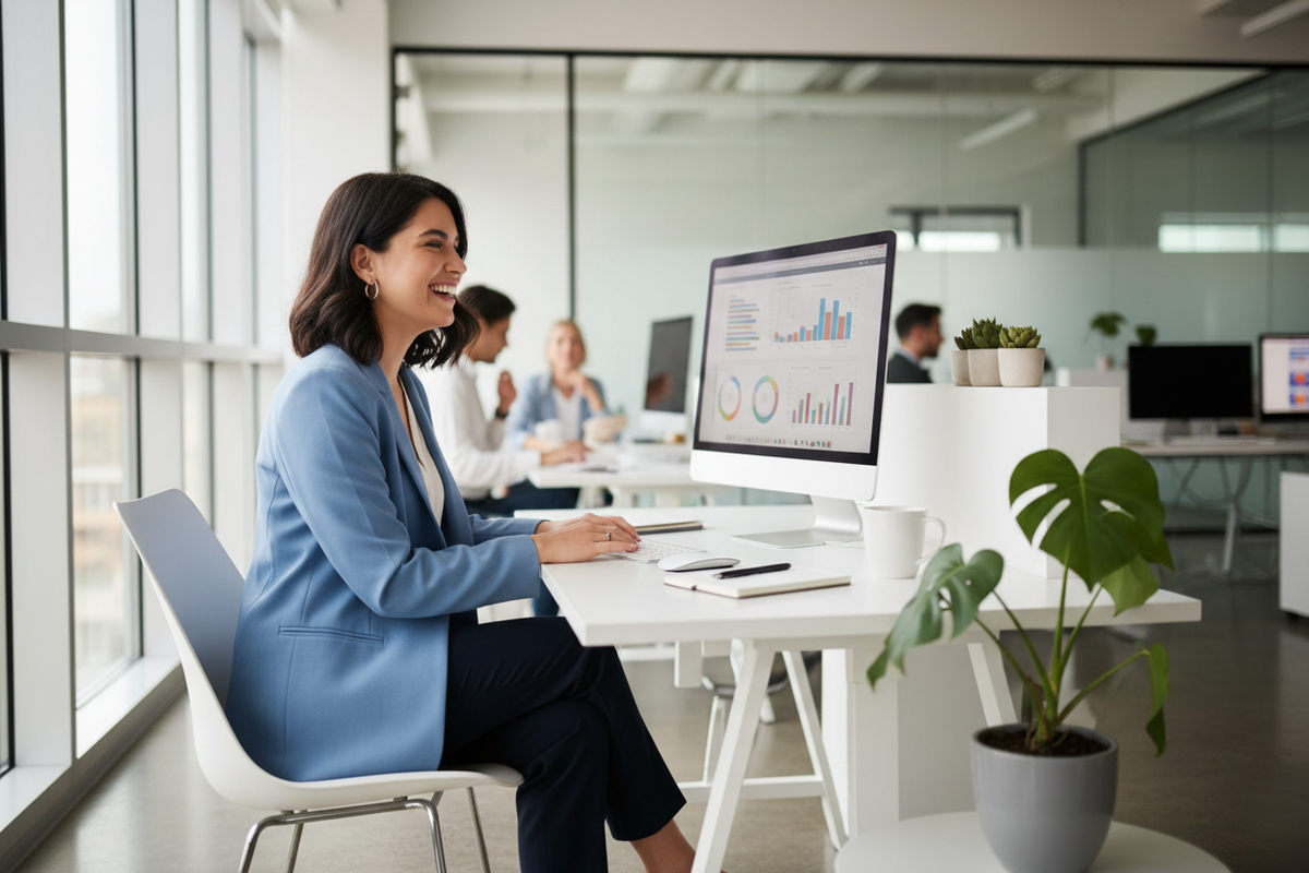 a girl looking happy in office working