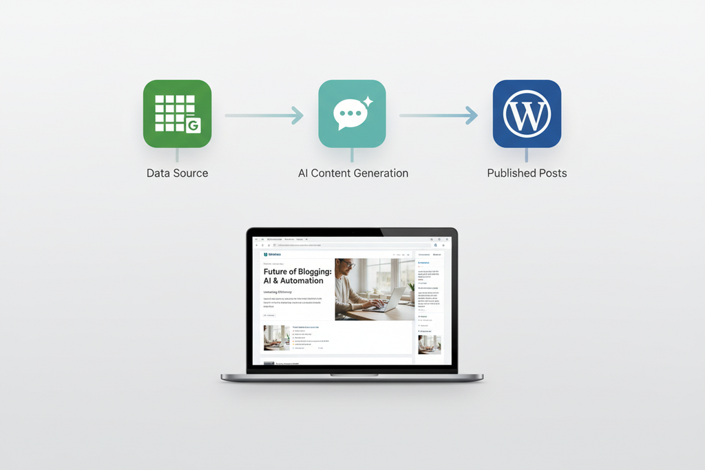 

create a product image: Generate blog posts in WordPress using data from Google Sheets and ChatGPT completions
... so showing the workflow connect this app to this app and this does this etc... but remember users want results [apply the theme i told you about be like apple and minimalist, this shall be apealing to the eye and all the market shall be done as the customer see the image product and see the potential they could do with it ]