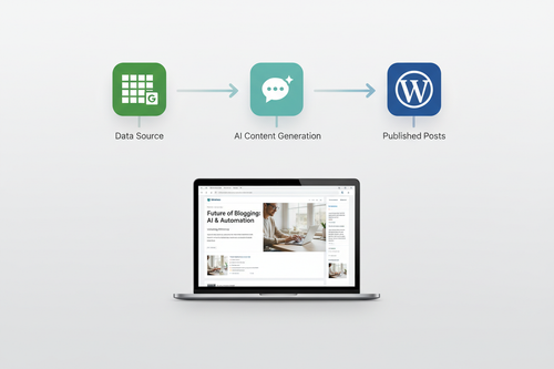 

create a product image: Generate blog posts in WordPress using data from Google Sheets and ChatGPT completions
... so showing the workflow connect this app to this app and this does this etc... but remember users want results [apply the theme i told you about be like apple and minimalist, this shall be apealing to the eye and all the market shall be done as the customer see the image product and see the potential they could do with it ]
