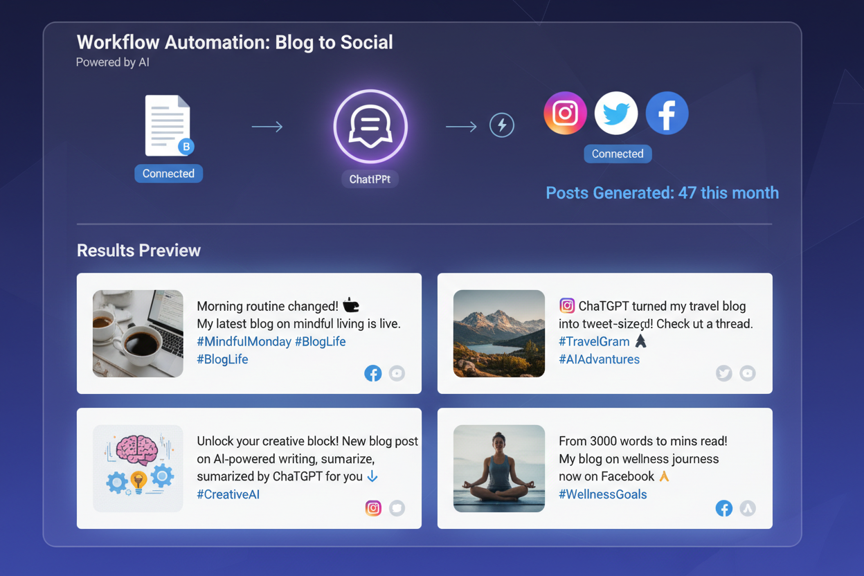 

generate a product image dashboard for Create social media posts from a blog using ChatGPT 
 - it has to be something like this... so showing the workflow connect this app to this app and this does this etc... but remember users want results